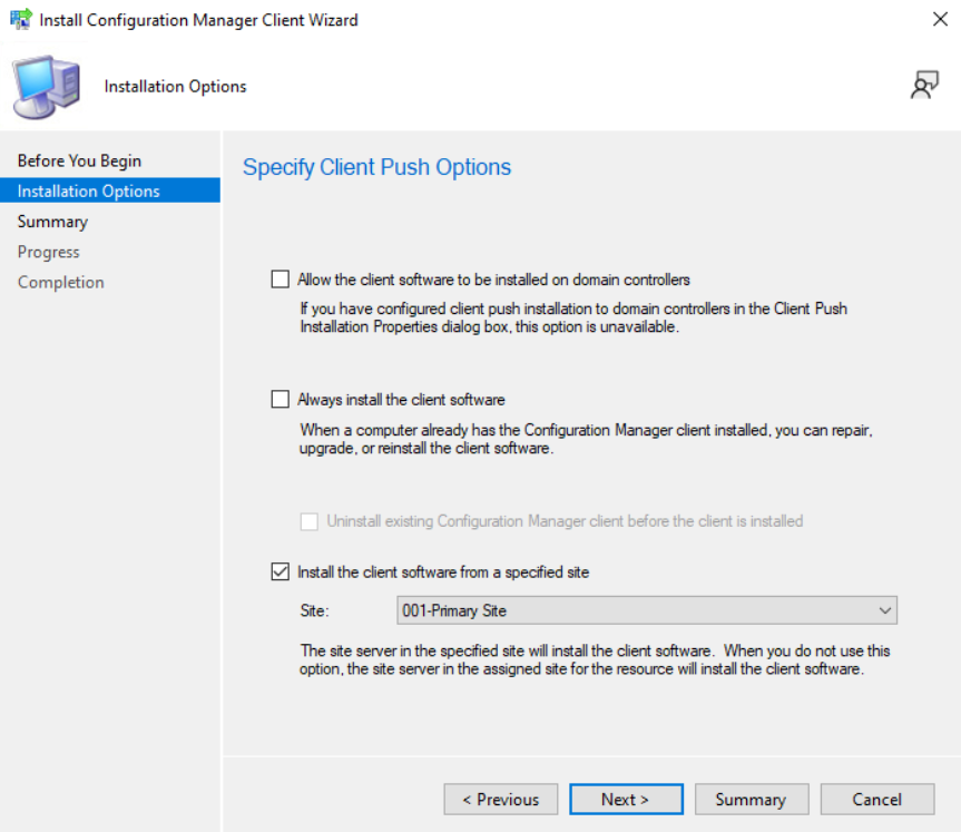 Install the client software from a specified site (Primary Site) option selected